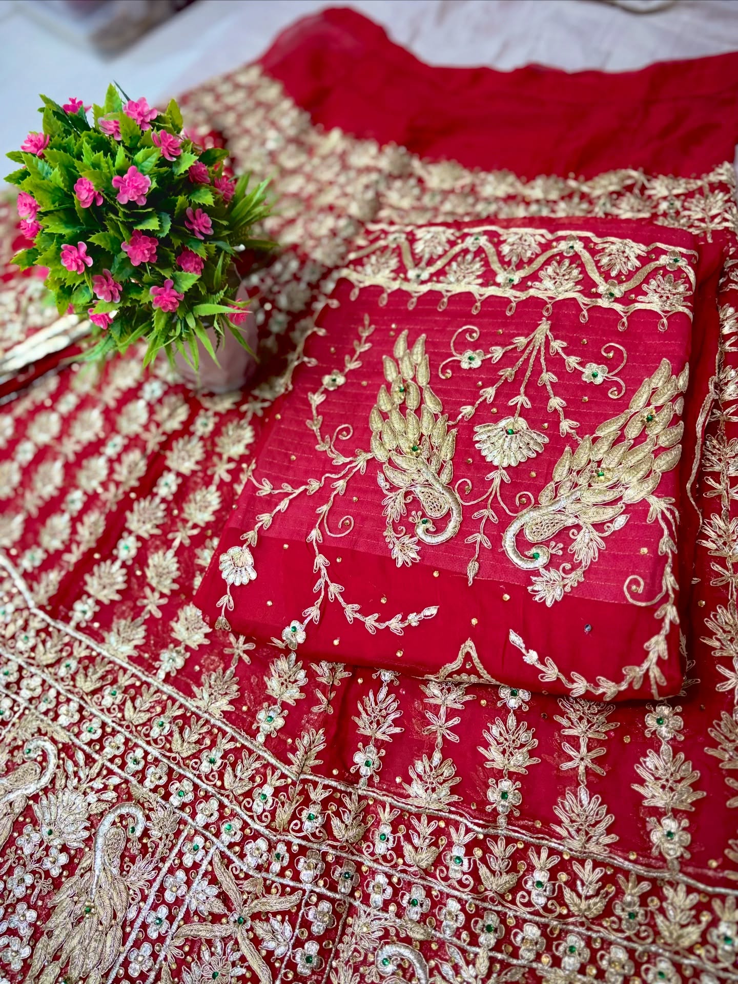 A stunning collection of traditional Indian bridal lehengas featuring rich red hues, heavy embroidery, and intricate festive designs.